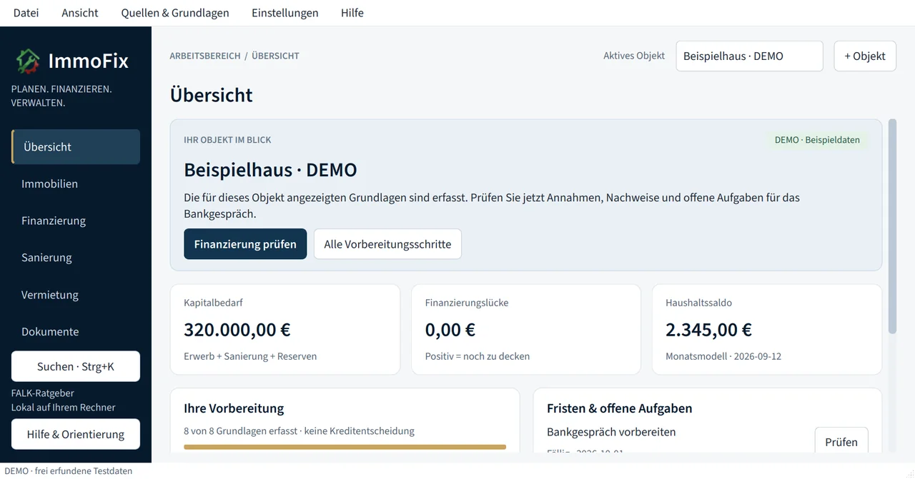 ImmoFix PRO: reale Dashboard-Ansicht mit Demo-Projektdaten