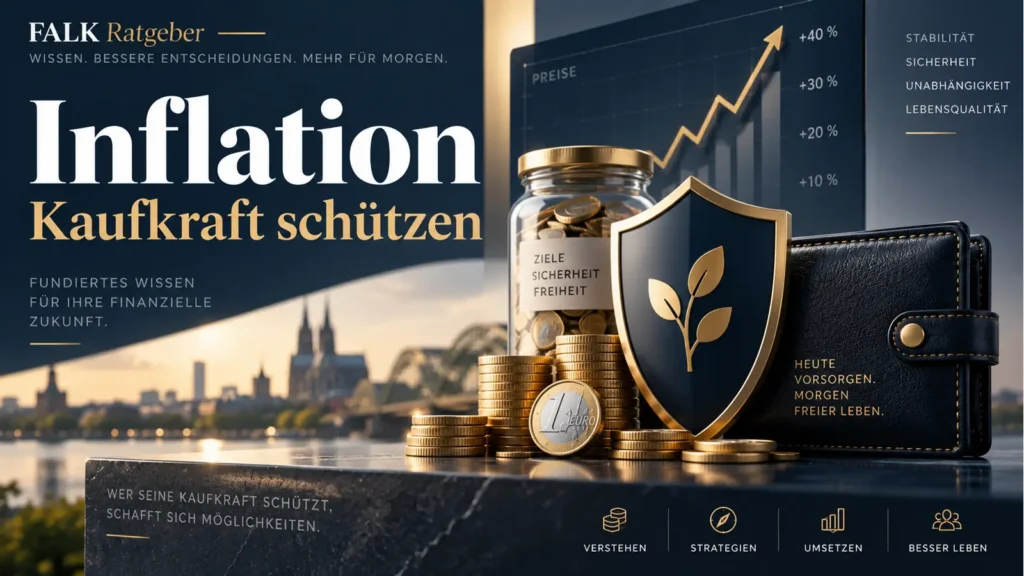 Grafik zu Inflation und Kaufkraftschutz mit Geld, Chart und Sicherheitsmotiv