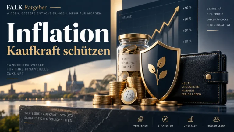 Grafik zu Inflation und Kaufkraftschutz mit Geld, Chart und Sicherheitsmotiv