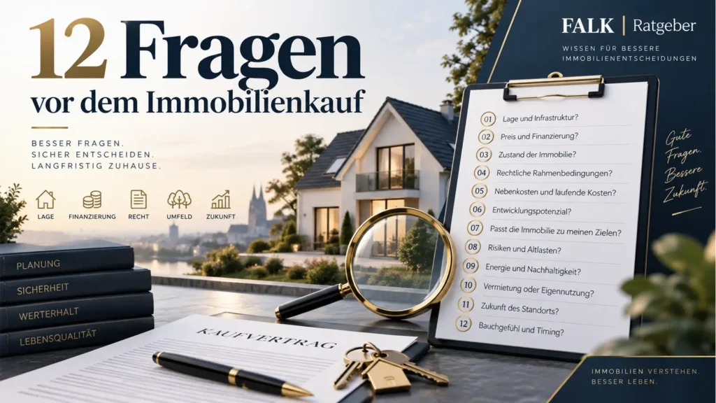 Checkliste mit 12 Fragen zum Immobilienkauf neben Haus, Vertrag und Lupe