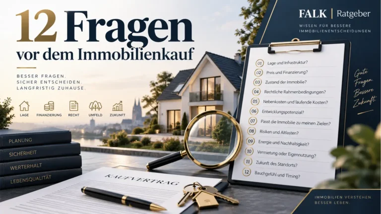 Checkliste mit 12 Fragen zum Immobilienkauf neben Haus, Vertrag und Lupe