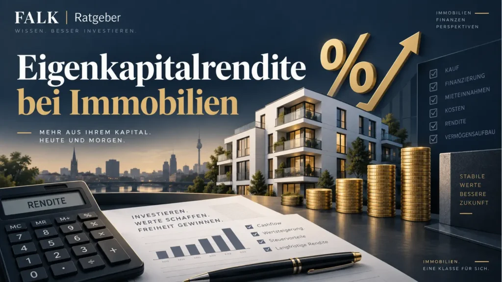 Grafik zur Eigenkapitalrendite bei Immobilien mit Gebäude, Prozentzeichen und Renditechart