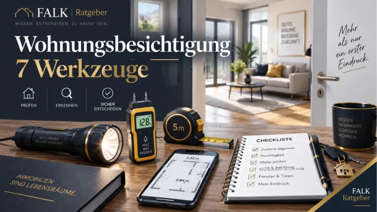 Wohnungsbesichtigung mit Feuchtemesser, Maßband, Taschenlampe und Checkliste