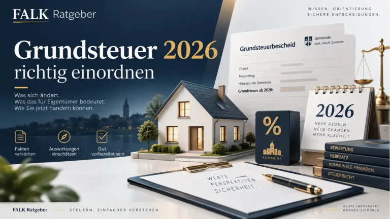 Grafik zur Grundsteuer 2026 mit Haus, Steuerbescheid und Kalender