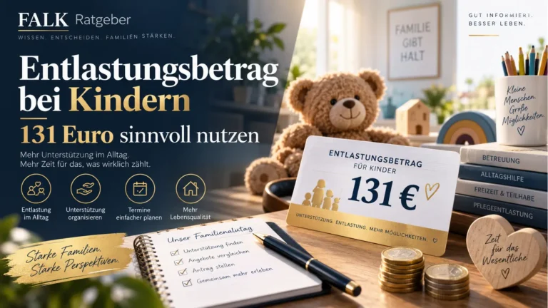 Navy-goldene Leistungskarte mit dem Betrag „bis zu 131 Euro monatlich“. Sie nennt Pflegegrad 1 oder höher, häusliche Pflege und zweckgebundene Erstattung als wichtige Bedingungen; daneben sind ein Haus-Symbol und ein Beleg illustriert.