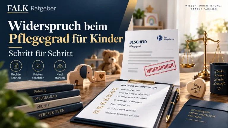 Eine Übersicht neben einer illustrierten Unterlagenmappe und Lupe nennt die Reihenfolge nach einer Ablehnung: Frist sichern, Gutachten prüfen und Begründung nachreichen. Für Bescheide gesetzlicher Pflegekassen nennt sie grundsätzlich einen Monat ab Bekanntgabe; Einzelheiten stehen im Beitrag.