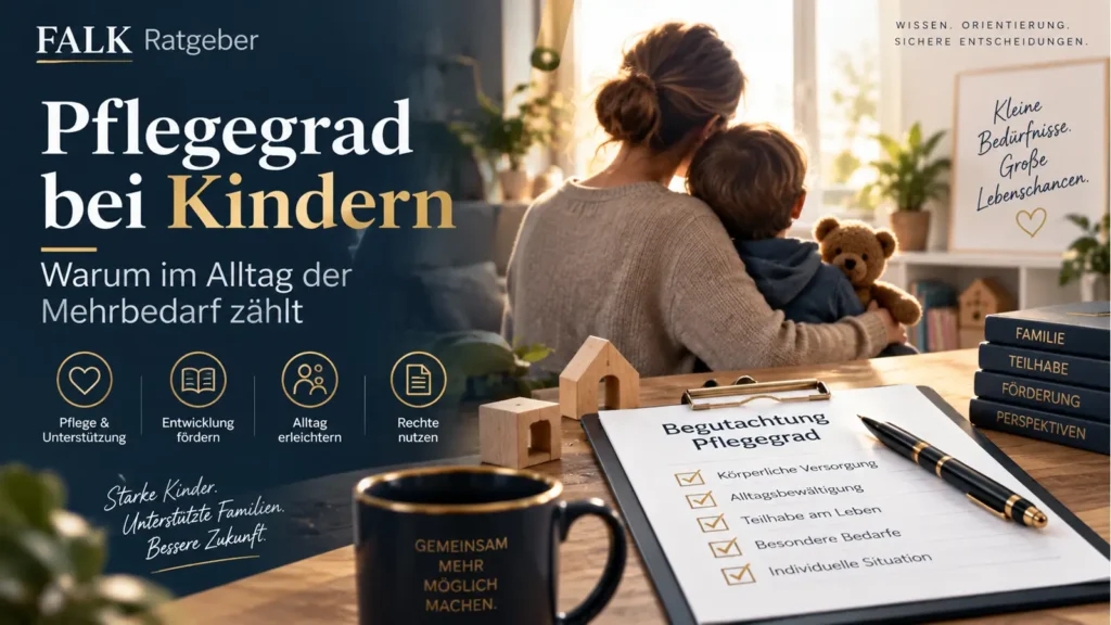 Navy-goldene Wissenskarte mit der Überschrift „Pflegegrad: Der Alltag zählt“. Eine erwachsene Bezugsperson begleitet ein Kind mit Bildkarten durch die Morgenroutine; die Karte nennt zusätzliche Hilfe im Vergleich zu Gleichaltrigen als Maßstab.