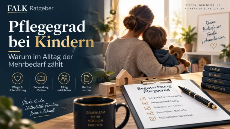 Navy-goldene Wissenskarte mit der Überschrift „Pflegegrad: Der Alltag zählt“. Eine erwachsene Bezugsperson begleitet ein Kind mit Bildkarten durch die Morgenroutine; die Karte nennt zusätzliche Hilfe im Vergleich zu Gleichaltrigen als Maßstab.