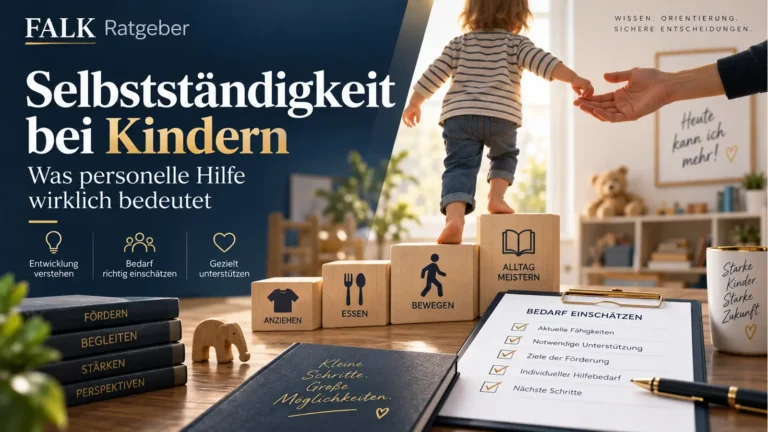 Ein Vater begleitet ein Kind bei der Vorbereitung seines Rucksacks. Unter der Frage „Aber mit welcher Hilfe?“ unterscheidet die Grafik selbstständig genutzte Hilfsmittel von notwendiger personeller Anleitung; Alter und gesundheitliche Ursache sind zu beachten.