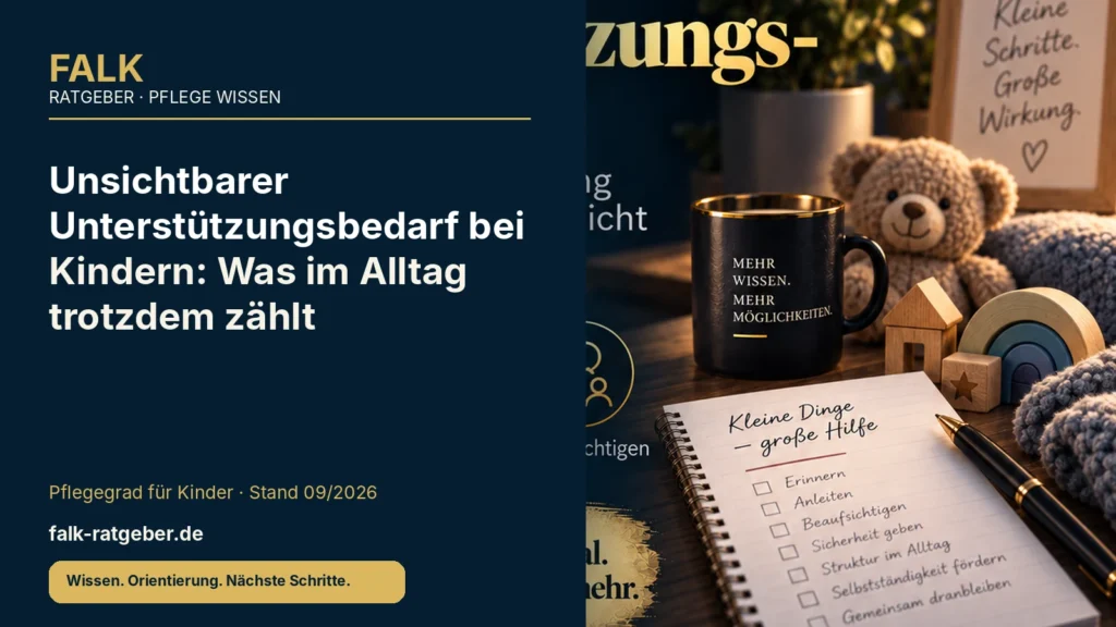 FALK-Ratgeber Titelgrafik zum Thema „Unsichtbarer Unterstützungsbedarf bei Kindern: Was im Alltag trotzdem zählt“ mit Fokus auf Pflegegrad bei Kindern, Familienalltag und strukturierte Vorbereitung.