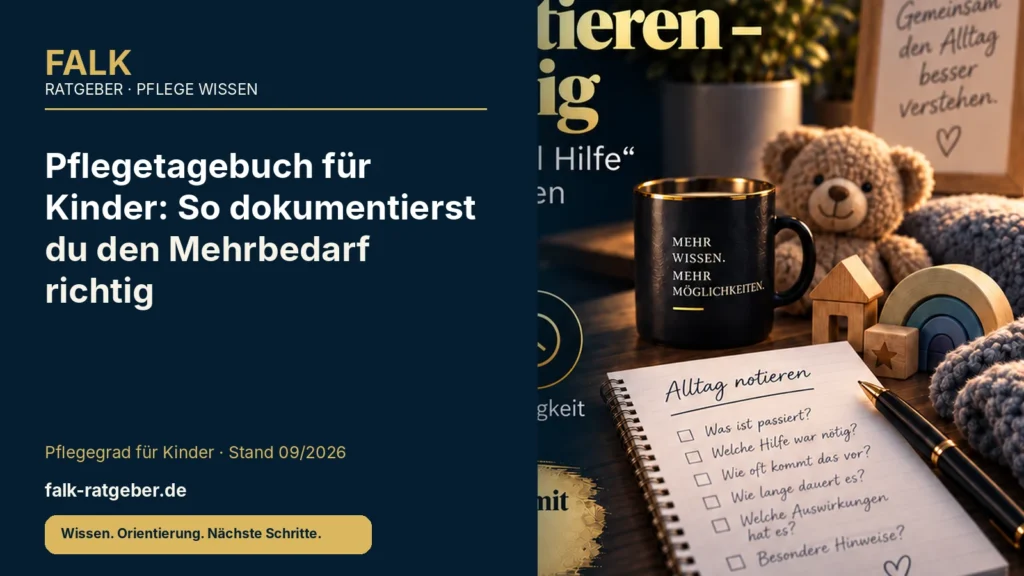 FALK-Ratgeber Titelgrafik zum Thema „Pflegetagebuch für Kinder: So dokumentierst du den Mehrbedarf richtig“ mit Fokus auf Pflegegrad bei Kindern, Familienalltag und strukturierte Vorbereitung.