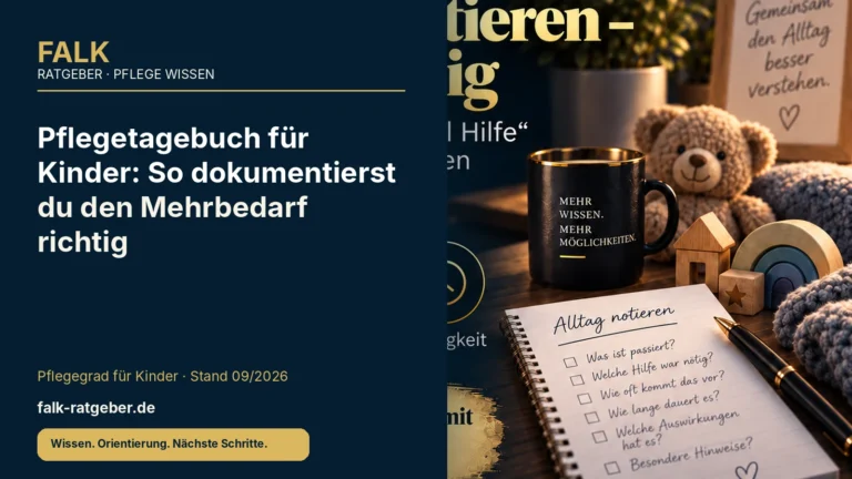 FALK-Ratgeber Titelgrafik zum Thema „Pflegetagebuch für Kinder: So dokumentierst du den Mehrbedarf richtig“ mit Fokus auf Pflegegrad bei Kindern, Familienalltag und strukturierte Vorbereitung.