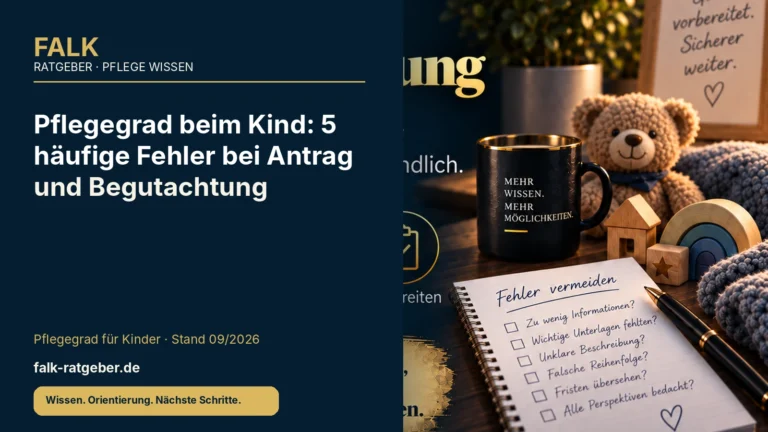 FALK-Ratgeber Titelgrafik zum Thema „Pflegegrad beim Kind: 5 häufige Fehler bei Antrag und Begutachtung“ mit Fokus auf Pflegegrad bei Kindern, Familienalltag und strukturierte Vorbereitung.
