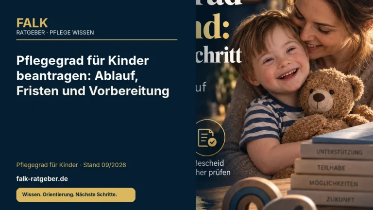 FALK-Ratgeber Titelgrafik zum Thema „Pflegegrad für Kinder beantragen: Ablauf, Fristen und Vorbereitung“ mit Fokus auf Pflegegrad bei Kindern, Familienalltag und strukturierte Vorbereitung.